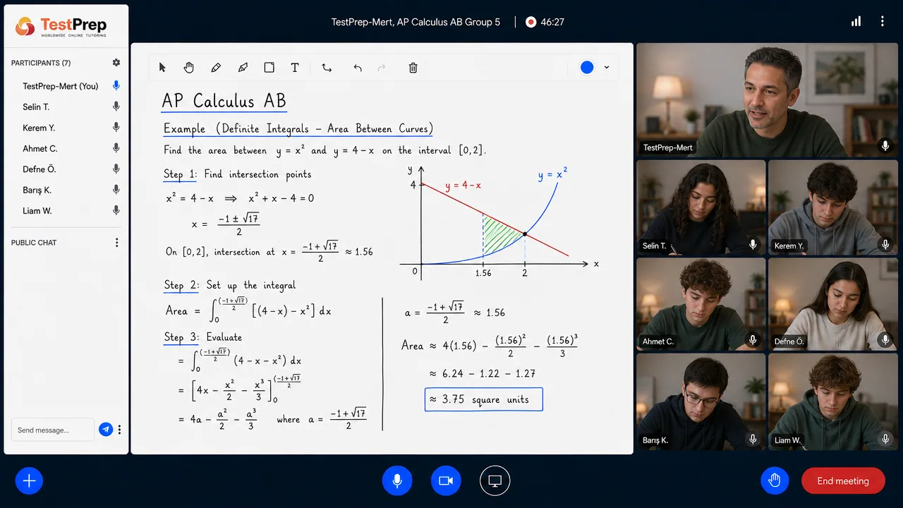 TestPrep sınıfında AP Calculus AB grup dersi görünümü