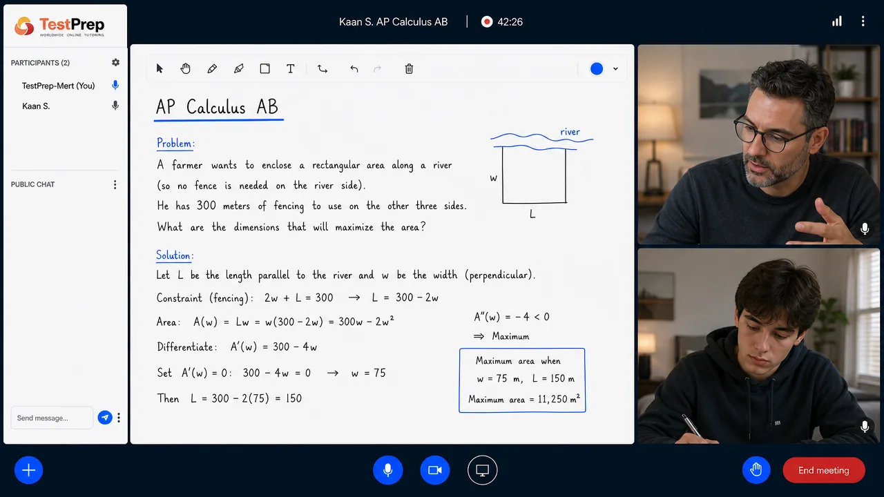 TestPrep sınıfında AP Calculus AB birebir dersi — eğitmen ve öğrenci tahtada birlikte çalışıyor