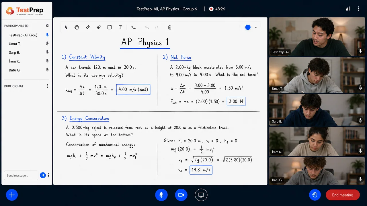 TestPrep sınıfında AP Physics 1 grup dersi görünümü