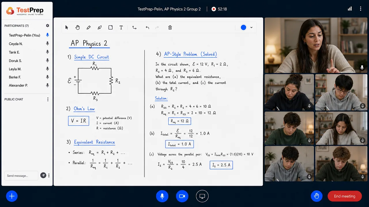 TestPrep sınıfında AP Physics 2 grup dersi görünümü