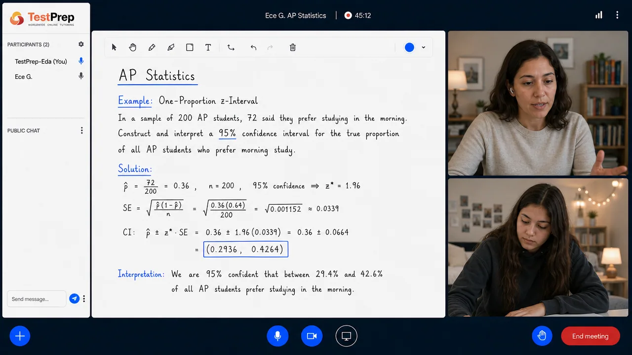 TestPrep sınıfında AP Statistics birebir dersi — eğitmen ve öğrenci tahtada birlikte çalışıyor